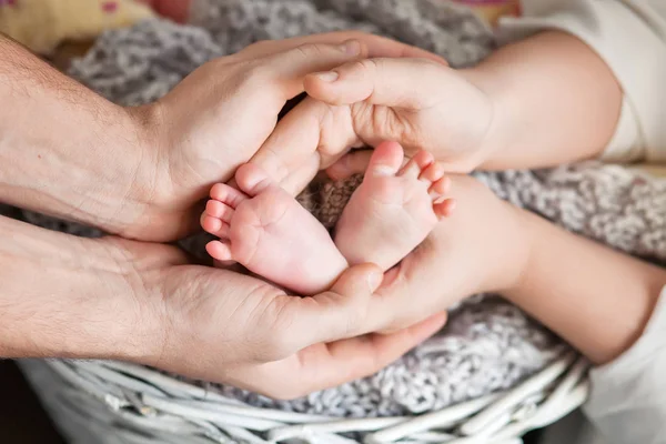 De voeten van de baby in handen van de ouders. Tiny Pasgeboren Baby's voeten op ouders — Stockfoto