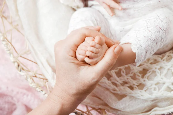 Concept de famille heureuse. Nouveau-né pieds de bébé dans les mains de la mère sur blanc — Photo