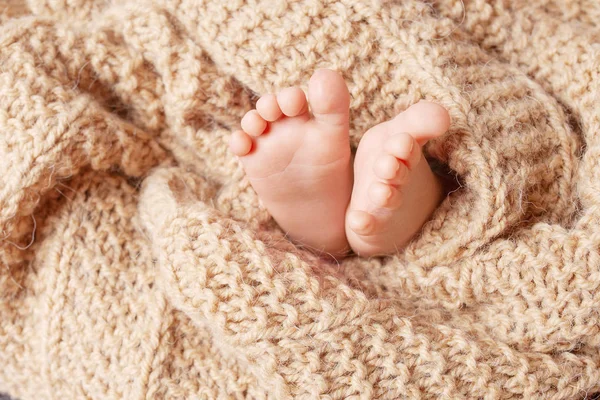 Крупным планом новорожденных детские ноги на вязаной клетке в wattled ba — стоковое фото