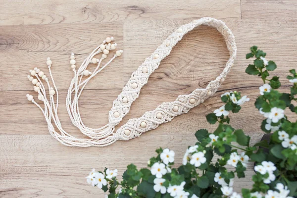 Handmade Macrame Dress Belt Natural Cotton Threads Wooden Beads Stylish — Stock Photo, Image
