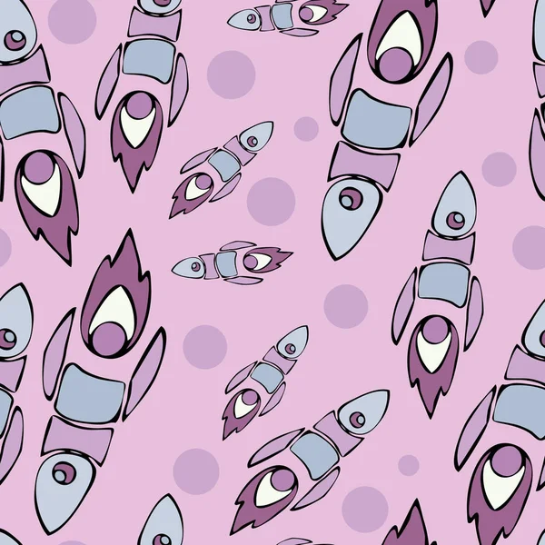 Cute and colorful space seamless pattern background with rockets. In violet and purple colors.