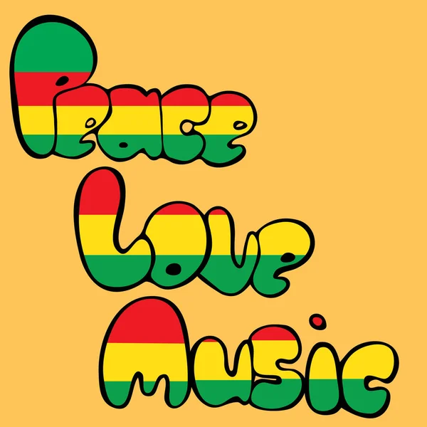 Diseño de Paz, Amor y Música en estilo burbuja en colores verde, amarillo y rojo. Ilustración vectorial . — Archivo Imágenes Vectoriales