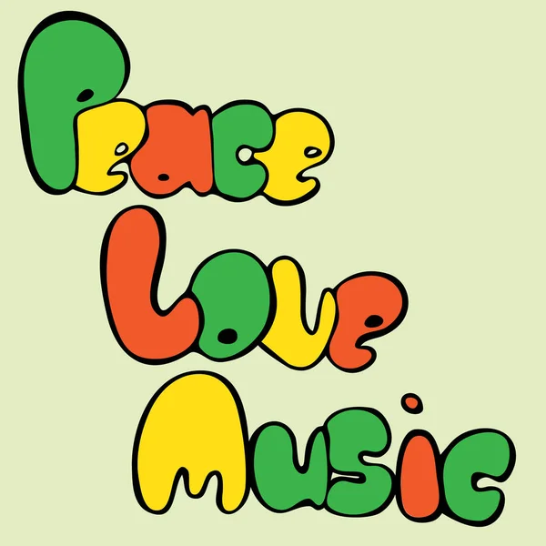 Design av fred, kärlek och musik i bubbla stil i gröna, gula och röda färger. Vektorillustration. — Stock vektor