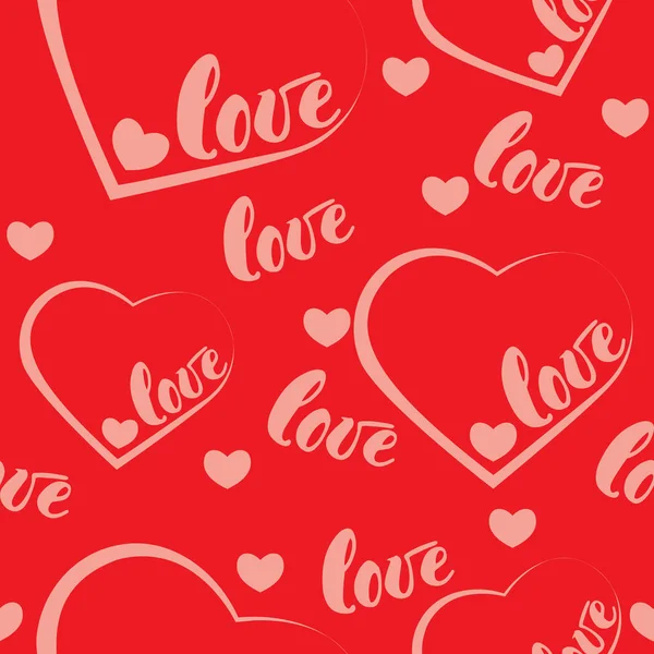 Amour rouge romantique et fond de motif de coeur. Illustration vectorielle pour le design de vacances. Beaucoup de mots volants aiment sur fond blanc — Image vectorielle