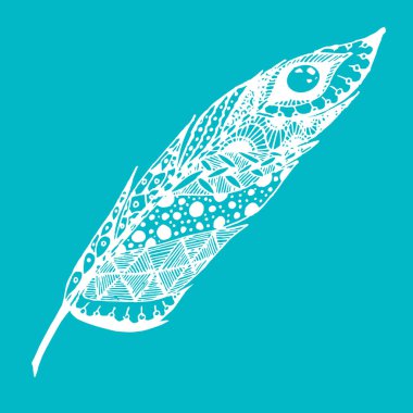 Arka plandan izole çizilmiş doodle zentangle tüy ver. Mavi ve beyaz resimde farklı süsler ile.