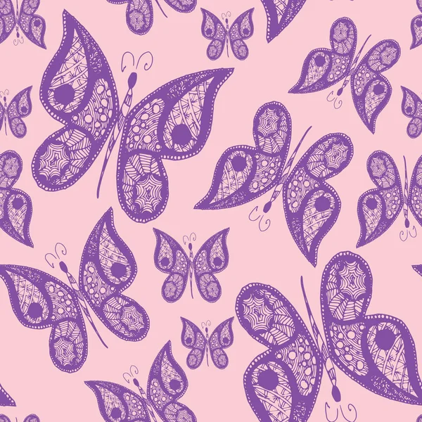 Abstrakcja bezszwowe tło z latające motyle wyciągnąć rękę. Ilustracja wektorowa. Projekt dla tekstyliów i papieru. — Wektor stockowy