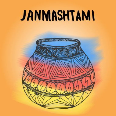 Mutlu Janmashtami. Hint festivali. Dahi handi, Janmashtami 'de, Krishna' nın doğumunu kutluyor. Suluboya soyut arkaplan. Yaratıcı broşür, afiş, tebrik kartı temsili şablonu