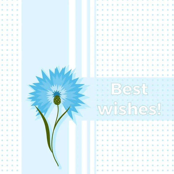 Floral greeting card best wishes with blue flower cornflower or centaurea cyanus. Polka dot background. Cartoon cornflower postcard illustration