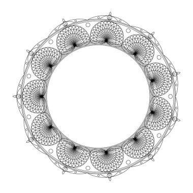Boyama kitabı için mandalalar. Dekoratif siyah beyaz yuvarlak anahat süsleme. Olağandışı çiçek şekli. Oryantal ve anti-stres terapisi desenleri