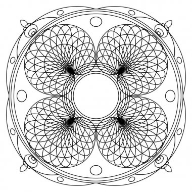 Boyama kitabı için mandalalar. Dekoratif siyah beyaz yuvarlak anahat süsleme. Olağandışı çiçek şekli. Oryantal ve anti-stres terapisi desenleri