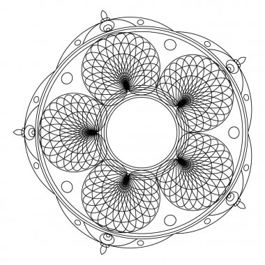 Boyama kitabı için mandalalar. Dekoratif siyah beyaz yuvarlak anahat süsleme. Olağandışı çiçek şekli. Oryantal ve anti-stres terapisi desenleri