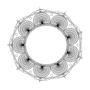 Boyama kitabı için mandalalar. Dekoratif siyah beyaz yuvarlak anahat süsleme. Olağandışı çiçek şekli. Oryantal ve anti-stres terapisi desenleri