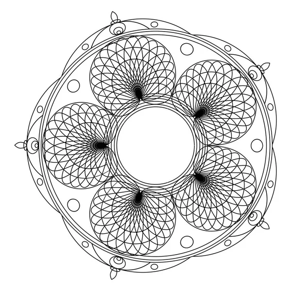 Mandalas para colorear libro. Adorno decorativo de contorno redondo blanco y negro. Forma de flor inusual. Patrones de terapia oriental y anti-estrés — Archivo Imágenes Vectoriales