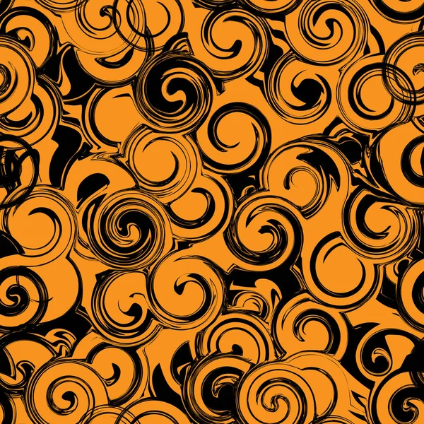 Preto e laranja girar padrão sem costura. Textura abstrata com voltas, cachos — Vetor de Stock