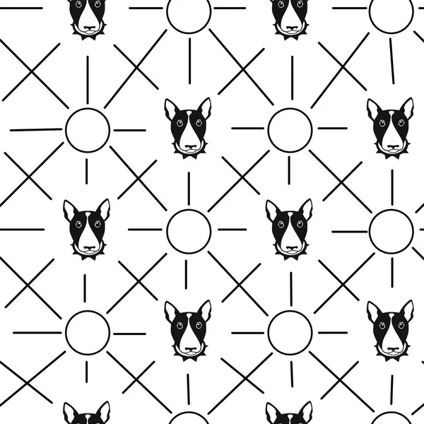 幸せな犬ブルテリアの黒と白のベクトルの背景。シームレス パターン. — ストックベクタ