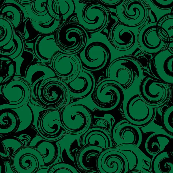 Preto e verde girar padrão sem costura. Textura abstrata com voltas, cachos — Vetor de Stock