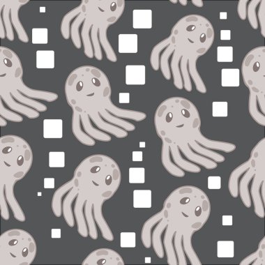 Şirin mutlu denizanası karakter seamless modeli deniz hayvan illüstrasyon karikatür. Doğa hayvan su medusa, akvaryum tropikal deniz.