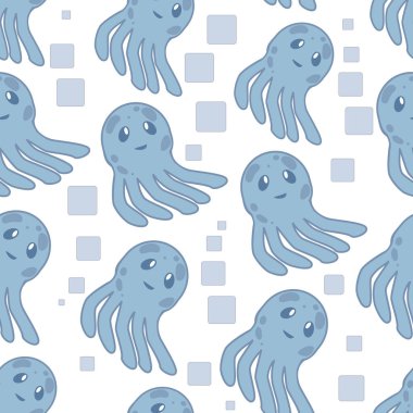 Şirin mutlu denizanası karakter seamless modeli deniz hayvan illüstrasyon karikatür. Doğa hayvan su medusa, akvaryum tropikal deniz.