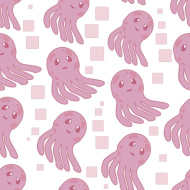 Şirin mutlu denizanası karakter seamless modeli deniz hayvan illüstrasyon karikatür. Doğa hayvan su medusa, akvaryum tropikal deniz.