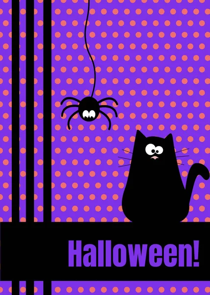 Fröhliche Halloween-Grußkarte mit an der Leine hängendem Netzspinneninsekt. Nette Zeichentrickfigur. flache Vektor Design orange Tupfen Hintergrundmuster. — Stockvektor