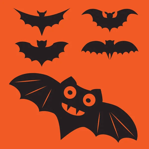 Divertenti sagome di vampiri misteriosi vettori di Halloween. Buio spettrale pipistrelli mostri isolati da sfondo arancione . — Vettoriale Stock