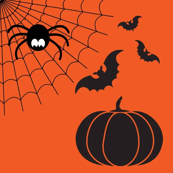 Preto e laranja desenho animado vector isolado teia de aranha com aranha engraçada, morcegos voadores e abóbora. Imagem simples com teia de aranha para festa de Halloween . —  Vetores de Stock