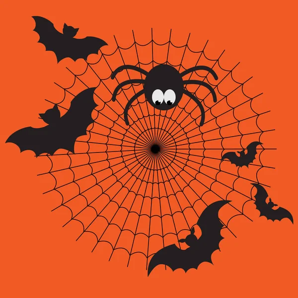 Negro y naranja vector de dibujos animados aislado tela de araña con divertida araña, murciélagos voladores. Imagen simple con telaraña para fondo de Halloween . — Vector de stock