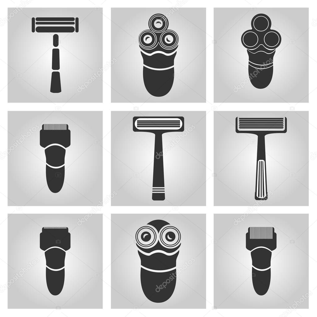 Flat trendy dark icon with electric shaver isolated from gray background. Woman trimmer for shaving. Classic safety vector razor.