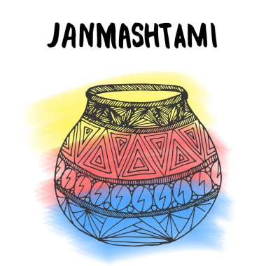 Mutlu Janmashtami. Hint festivali. Dahi handi, Janmashtami 'de, Krishna' nın doğumunu kutluyor. Suluboya soyut arkaplan. Yaratıcı broşür, afiş, tebrik kartı temsili şablonu