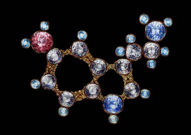 Altın Serotonin molekül molekül yapısı ile değerli taşlar Shining. El petrol tuval sanat üzerinde çekilmiş. Kimya bilim