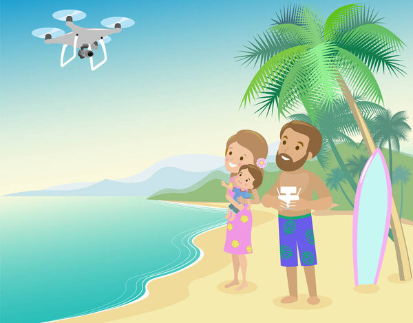 Family woman man mother father and kid child son on seashore with palm  serfboard vacation launch drone quadrocopter to take photo of video from holidays vector