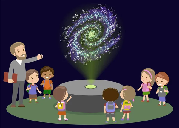 Planetarium öğretmen ile okul gezisi. Çocuklar çocuk ve yer galaksiye hakkında konferans kızlar. Geleceğin astronomi dersi. yenilik eğitim Müzesi yeni teknoloji Hologram vektör — Stok Vektör