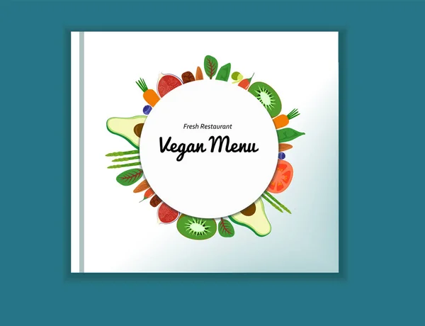 Vegano menú del restaurante cafetería, superalimento vegetal plantilla de diseño. Volante redondo de comida. Vector plano — Vector de stock