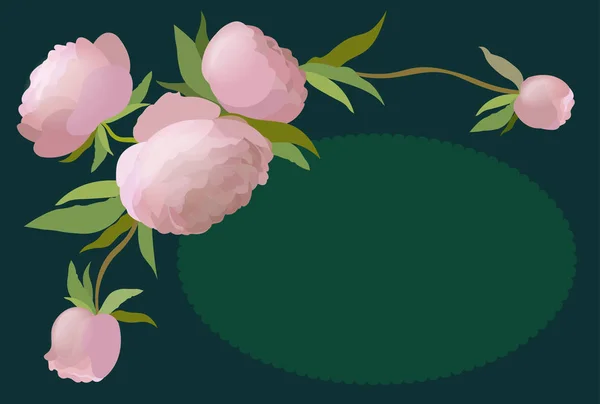 Ilustración vectorial borde floral con peonía para invitaciones y tarjetas de cumpleaños. Fondo verde . — Vector de stock
