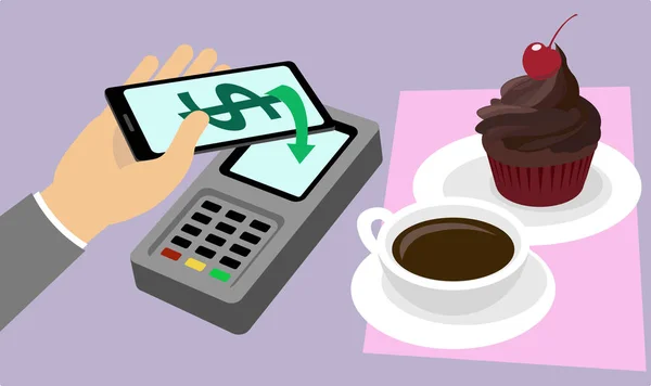 Comercio electrónico. Concepto de negocio. Teléfono móvil que paga en línea por taza de café y magdalena de cereza en la cafetería. Ilustración vectorial — Vector de stock