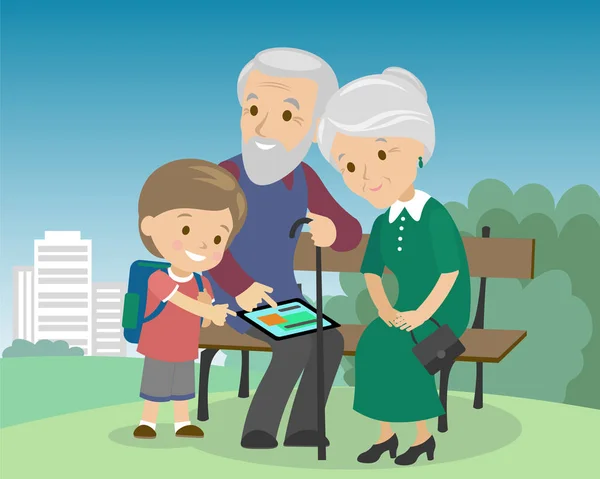Düz stil sosyal medya iletişim. Adam kadın kıdemli iki dedesi video yapmak tablet ile ara. Gadget'ı çalışmaya büyükleri öğretim torunu — Stok Vektör
