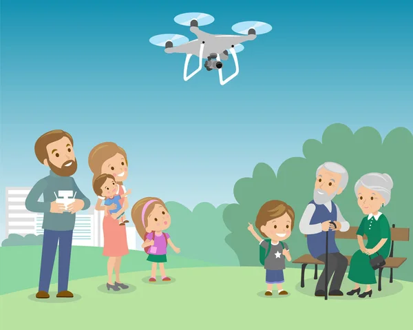 Gran familia con madre padre abuela abuelo hijos bebé conjunto. Drone en el vector quadrocopter parque — Vector de stock