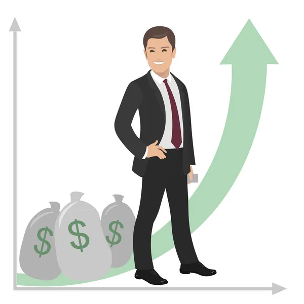 Feliz hombre de negocios o gerente está cerca de una pila de dinero. Beneficio de éxito bono salarial. vector plano — Vector de stock