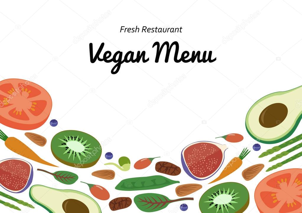 Vegan Restaurant cafe menu, superfood vegetable fruit template design. Food flyer. Vector flat illustration.