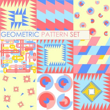 Kesintisiz geometrik desenler. Düz kırmızı, mavi, sarı doku