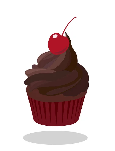 Cupcake with dark chocolate icing decorated and cherry in red paper case. Vector illustration — Stock Vector