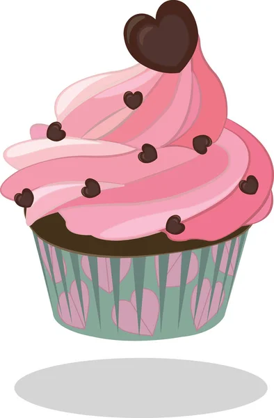 Cupcake rosa Zuckerguss mit Schokoladenherz in türkisfarbenem Papieretui verziert. Vektorillustration — Stockvektor