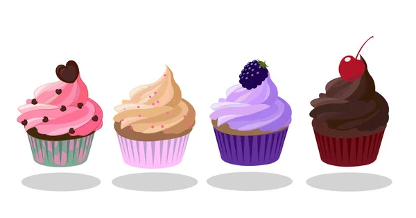 Cupcakes ikon készlet. Az eper, a Creme brulée kávé, Blackberry, sötét csokoládé ízű. Díszített, szív alakú, cseresznye. Rózsaszín, barna, lila szín. Vektoros illusztráció. — Stock Vector