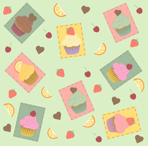 Cupcake seamless pattern. Strawberry, chocolate lemon mint taste. Yellow turquoise pink brown color. Vector — Stock Vector