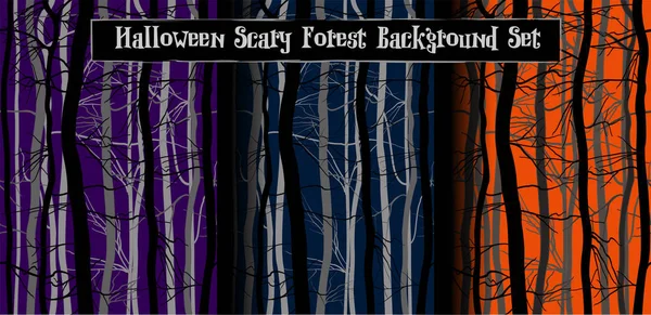 Árvores assustadoras ramos Halloween Background Set. Floresta nocturna. Roxo, laranja, cor azul escuro. Padrão sem emenda vetor de madeira mistério profundo . — Vetor de Stock