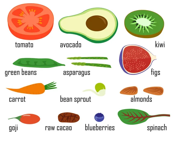 Superfood Obst und Gemüse isoliert Vektor-Set. Feigen Spinat Goji rohe Kakaobohnensprossen vegetarische vegane Kost — Stockvektor