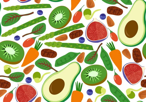 Vegan végétarien motif sans couture. Fruits et légumes fond avocat kiwi épinards chard cacao cru goji grain germe. Vecteur — Image vectorielle