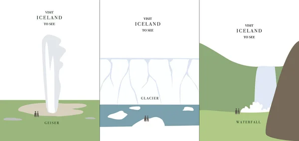 Geyser glaciar cascada simple dibujo animado diseño vector ilustración Islandia invitación — Vector de stock