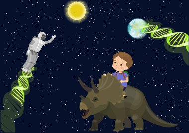 Çocuk çocuk okul sürüş triceratops dinozor rüya uzayda uzaylı bir robotla Dna karşılamak. Karanlık gökyüzü güneş dünya yıldız. Vektör sevimli çizgi arka plan