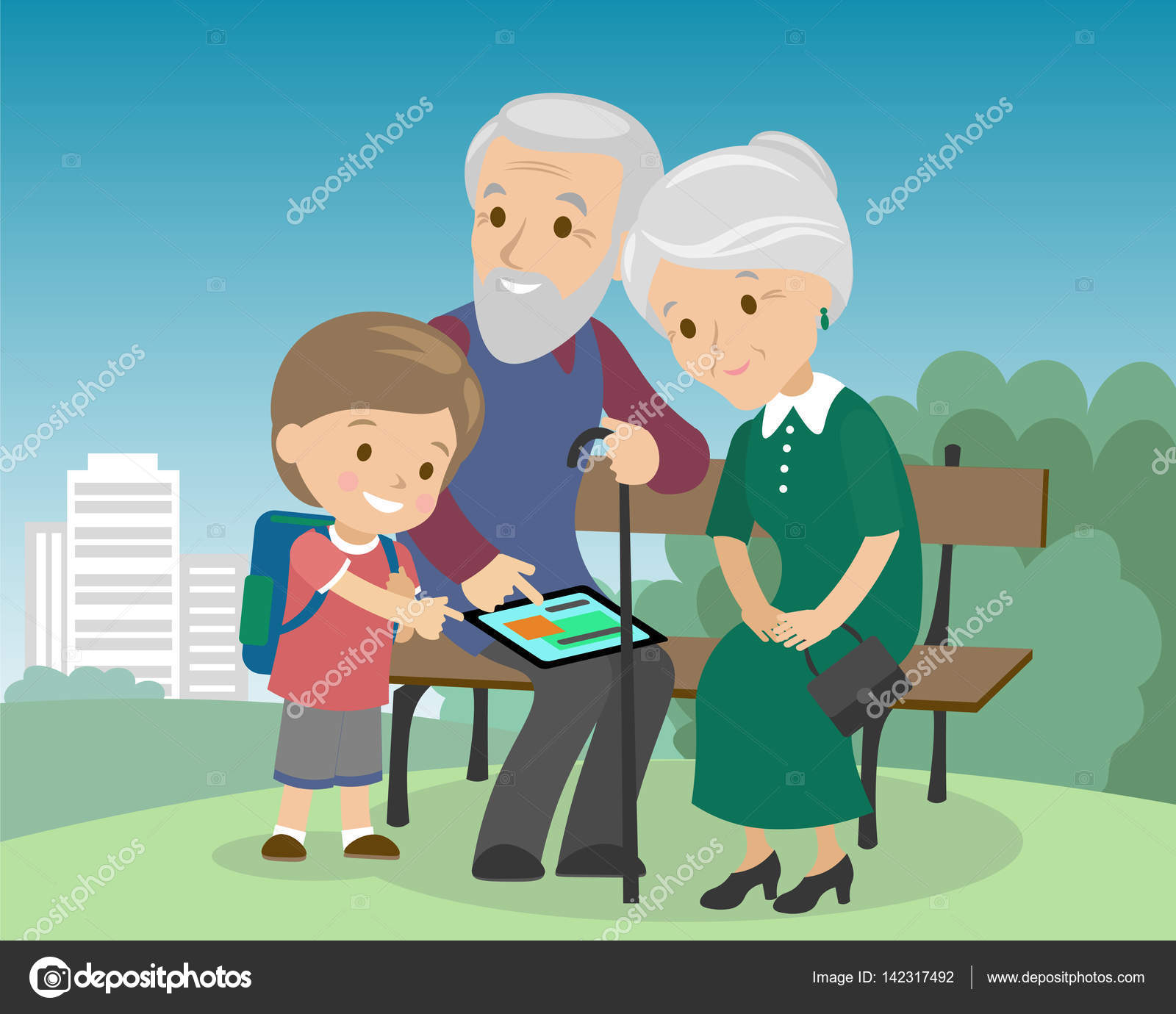 depositphotos_142317492 stock illustration grandson boy teach grandparents use